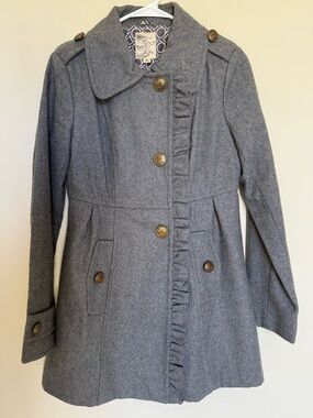 Tulle Gray Ruffle-Trim Wool-Blend Pea Coat